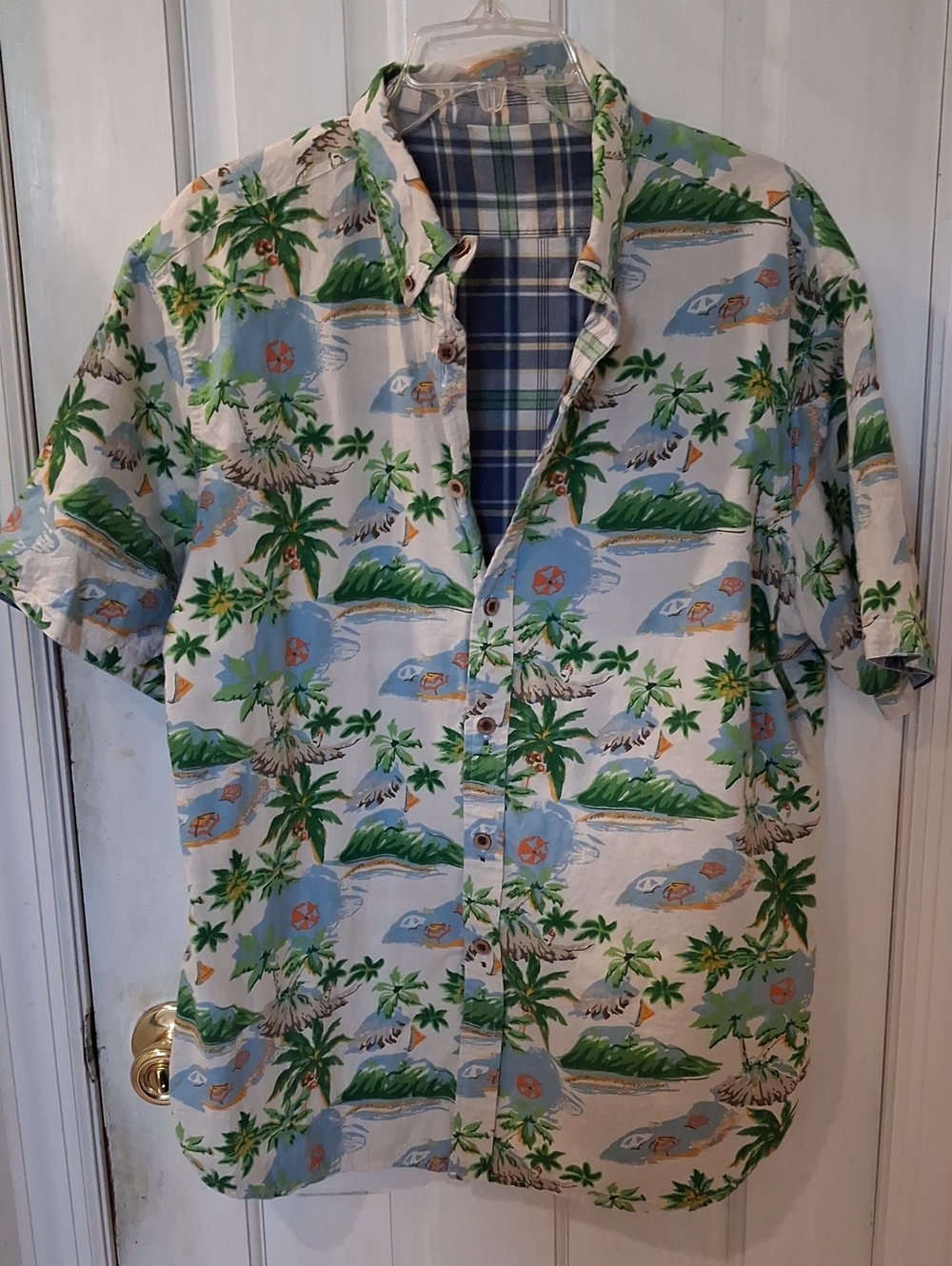 Tailor Vintage Tropical Print Reversible To Plaid Short-Sleeve  Button-Up Shirt
